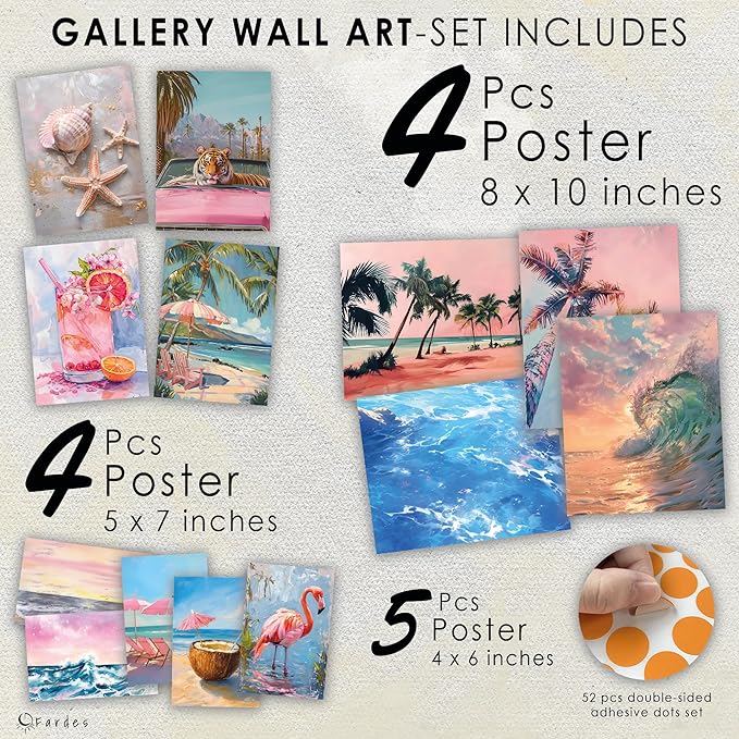 Framed Wall Art for Beach Wall Decor, 13pcs Beachy Prints for Room Decor, Natural Oak Framed Wall Prints, Ready to Hang Beach Artworks, Eclectic Wall Pictures, Coastal Room Decor