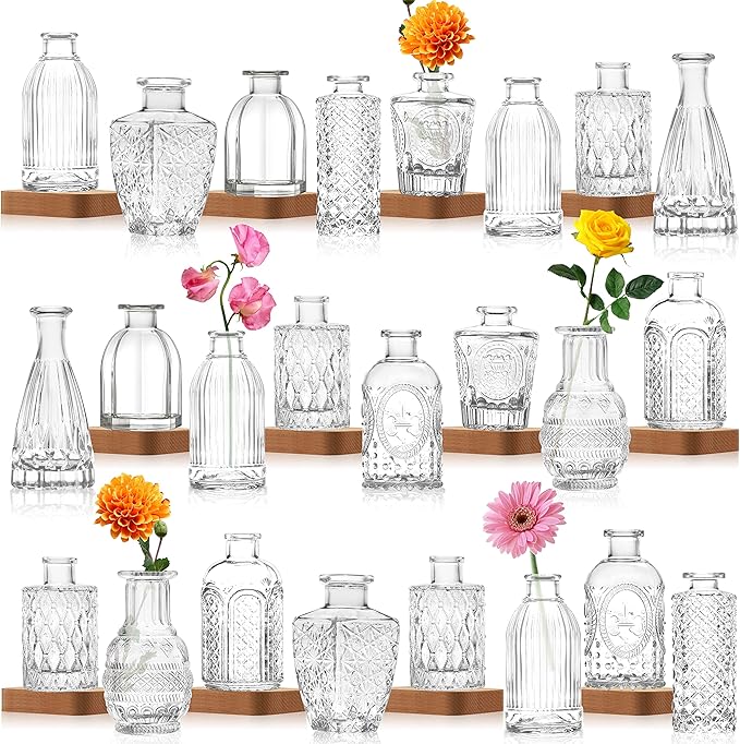 INFTYLE Vintage Flower Vase Set of 24, Clear Glass Bud Vases for Decor, Wedding, Party