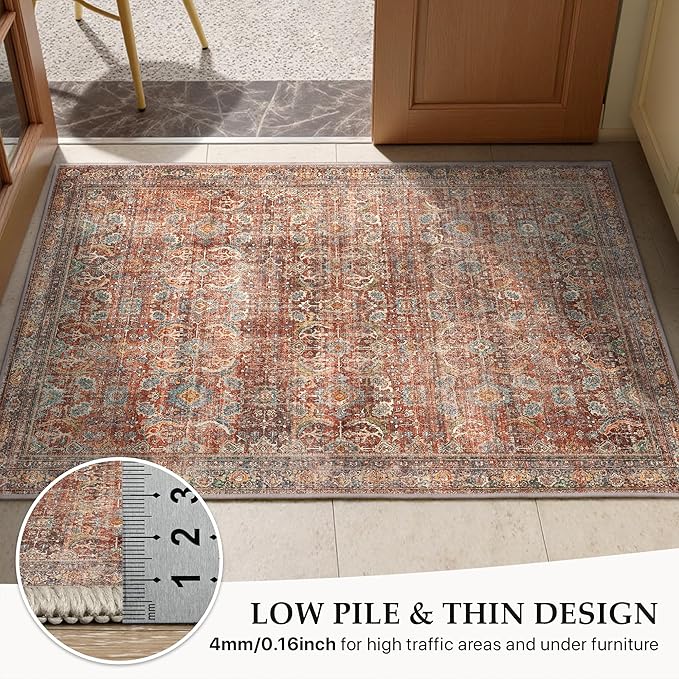 GENIMO 6x9 Area Rugs for Living Room, Machine Washable Non Slip Vintage Rugs, Low Pile Lightweight Chenille Print Rug for Bedroom, Dining Room, Home Office, Terracotta Indigo