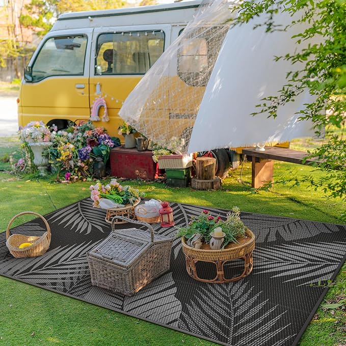 GENIMO Outdoor Rug 5' x 8' Waterproof for Patios Clearance, Reversible Outdoor Plastic Straw Camping Rug Carpet, Large Area Rugs Mats for RV, Picnic, Backyard, Deck, Balcony, Porch, Beach, Black&Grey