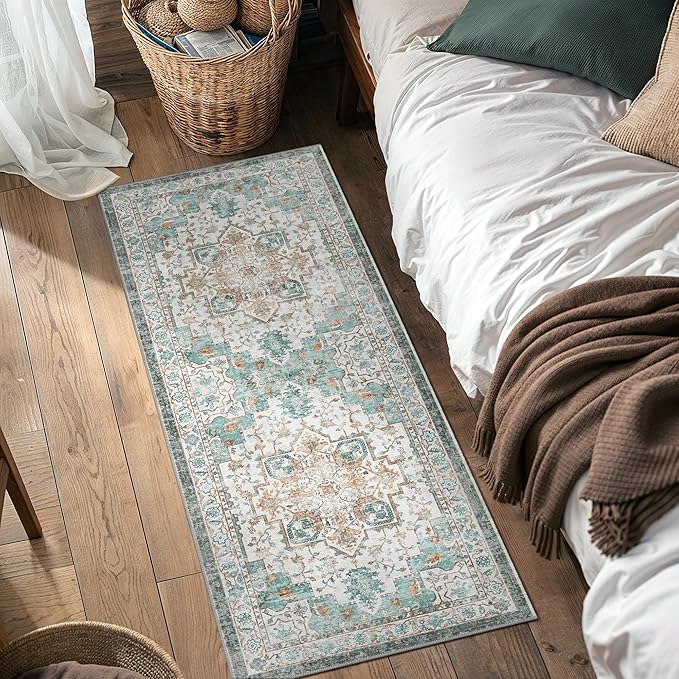 GENIMO 2x10 Runner Rugs for Hallway, Machine Washable Non Slip Vintage Rugs, Low Pile Lightweight Soft Print Rug for enrtyway, Corridor, Home Office, Kitchen, Cyan