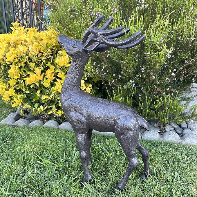 Cast Iron Deer Statue（22" Tall）, Realistic Large Antler Sculpture, Outdoor Garden Decor for Lawn Patio Yard, Indoor Home Art Figure HC5691