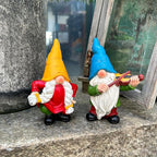 Garden Gnome Duo Decorative Figurines 5.5“ Ornament for Indoor Outdoor Home Garden Decor，Musical Violin Player and Dancing, Colorful Outdoor Statues, Set of 2
