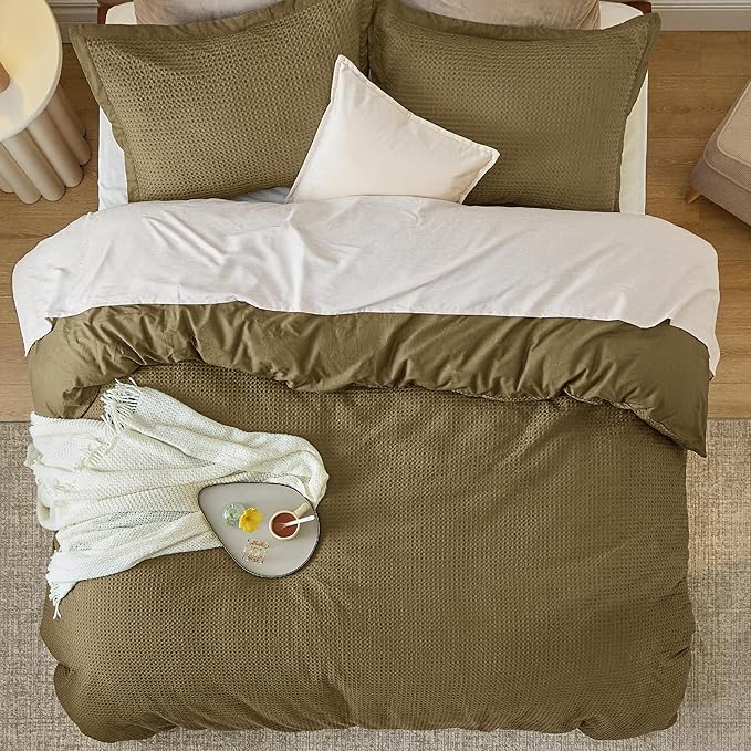 Bedsure Cotton Duvet Cover Queen Size - 100% Cotton Waffle Weave Fennel Seed Duvet Cover Queen Size, GentleSoft™ and Breathable Bedding Set for All Season, 3 Pieces, 90"x90"