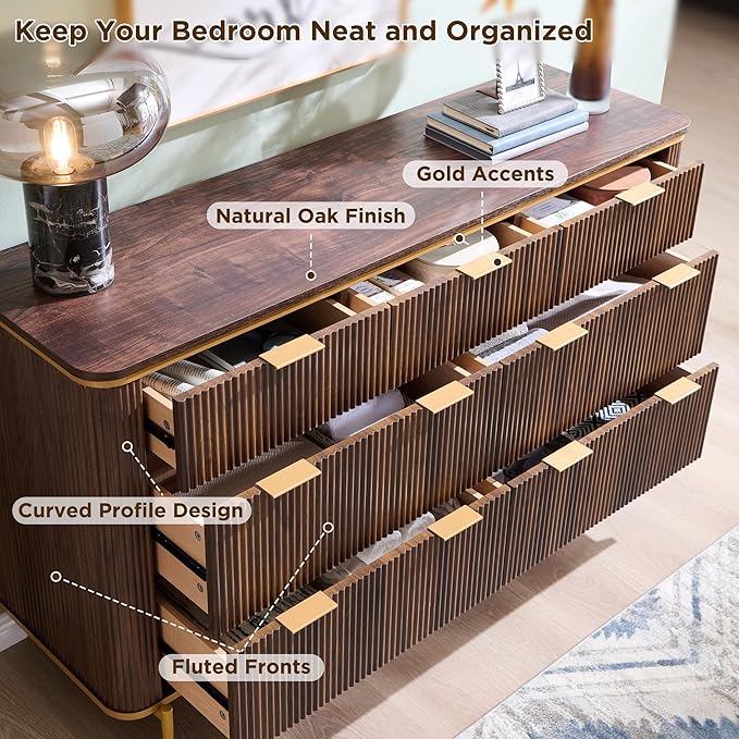 T4TREAM Fluted 7 Drawers Dresser for Bedroom, 54" Wide Modern Dresser TV Stand, Gold Accents, Fluted Fronts, Wood Storage Dressers Organizer for Bedroom, Living Room, Dark Walnut