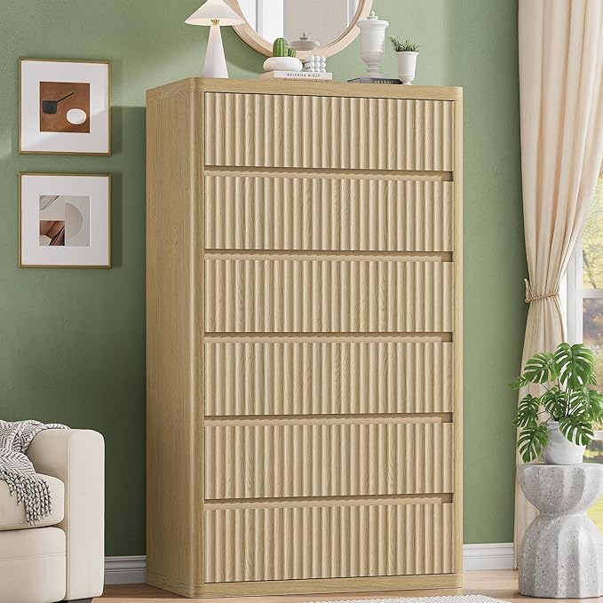 Fluted 6 Drawers Dresser for Bedroom, 56" Tall Modern Chest of Drawers with Curved Profile, Wooden Dressers Drawer Closet Clothes Storage Organizer for Living Room, Hallway, Natural