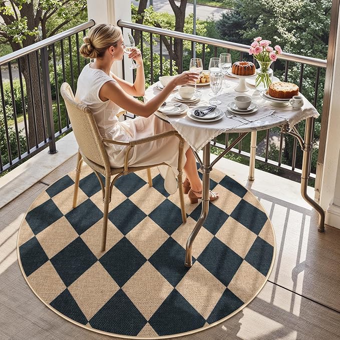 Lahome Checkered Round Entryway Rug 4ft, Circle Indoor Outdoor Patio Rug Washable Farmhouse Easy Jute Kitchen Rugs, Contemporary Non Slip Round Carpet for Bedroom Front Porch