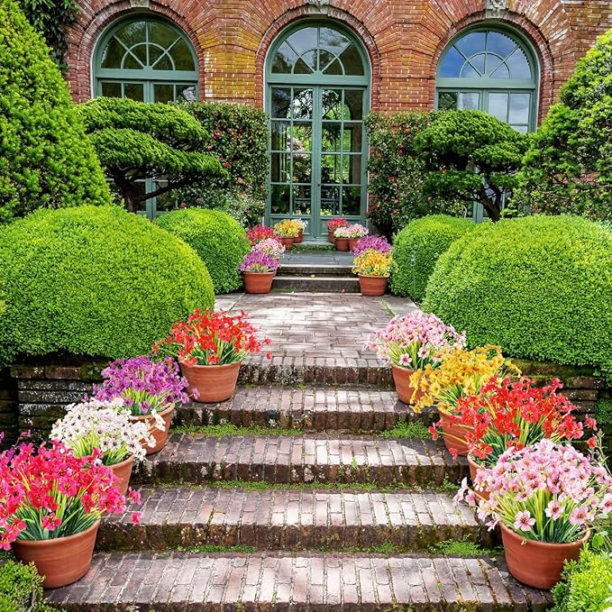 20 Bundles Artificial Flowers Outdoor UV Resistant Fake Flowers No Fade Faux Plastic Plants Garden Porch Window Box Decorating (Deep Red)…