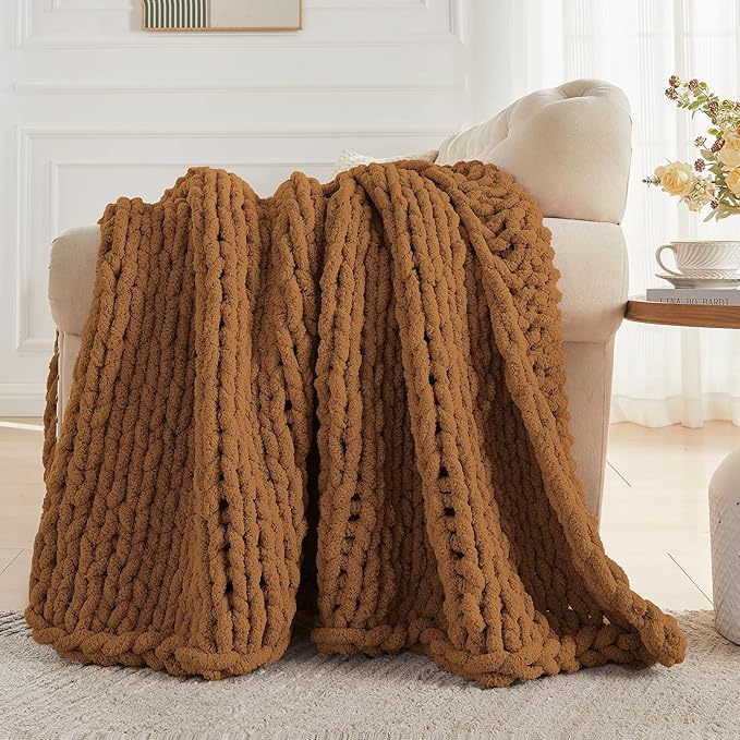 Carriediosa Chunky Knit Throw Blanket 60" X 80" Twin, 100% Hand Made Large Chenille Loop Yarn Soft Fluffy Throws for Couch Sofa Bed, Big Crochet Cozy Heavy Thick Cable Woven Blanket, Light Brown
