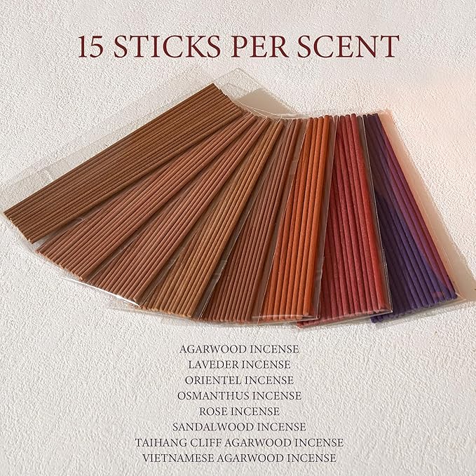 Incense Sticks – 120 Natural Sticks, 8 scents Including Lavender, Osmanthus, Rose, Agarwood, Sandalwood & Oriental. 15 Sticks per Scent. Stress Relief Gifts