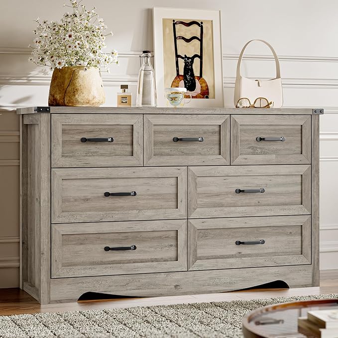 7-Drawer Dresser for Bedroom, Modern Wooden Chest of Drawers with Metal Handles, Anti-Tipping Design, Sturdy and Stable Storage Organizer for Living Room, Entryway, Home Office