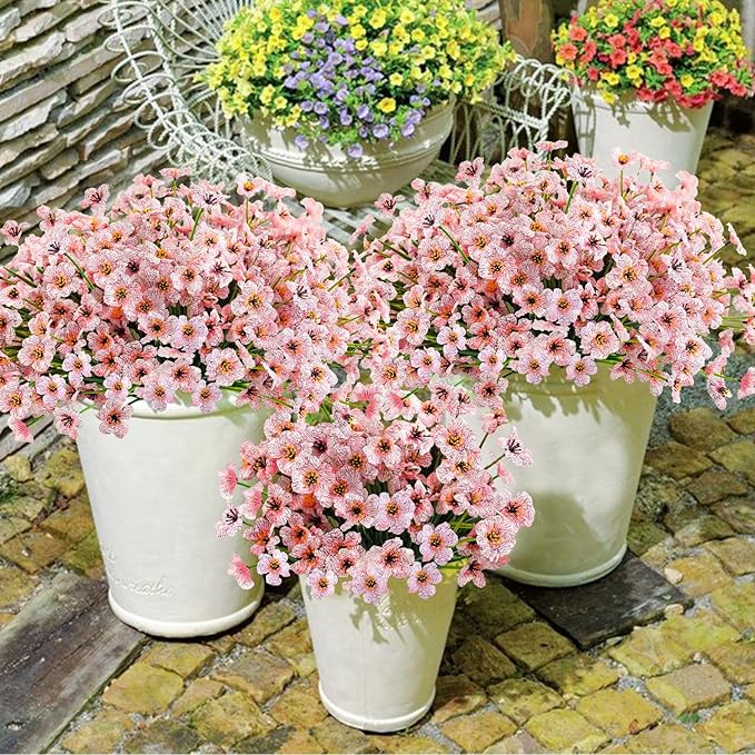 Krissing 48 Bundles Outdoor Artificial Flowers UV Resistant Fake Silk Flowers Faux Plastic Plants Outside Garden Porch Window Box Summer Decoration (Pink)