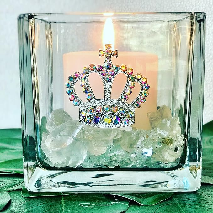 THE QUEENS' JEWELS Aurora Borealis Crown Jeweled 4x4 Candle Holder Vase - Unique Gift for Women, Birthday, Cute, Fun, Cocktail, Queen, Not Painted, Decorated, Bling, Bedazzled, Rhinestone