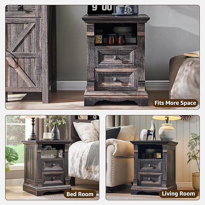 Farmhouse Nightstand with Charging Station, 18" End Table with 2 Drawers Storage and 1 Storage Shelf, Wooden Sofa Side Table w/Roman Column, Bedside Cabinet for Bedroom, Living Room, Dark Rustic Oak