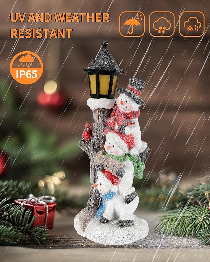 iStatue Lighted Stacked Snowman Tabletop Decor Figurine with Lamppost Lantern - 11.2'' Resin Cardinal Christmas Decorations Indoor - Unique Xmas Gift Idea (Joy Trio)