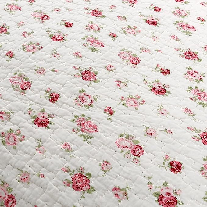 Cozy Line Home Fashions Pink Rose Garden Floral 100% Cotton Reversible Coverlet Bedspread Quilt Bedding Set (Ivory Rose, King - 3 Piece)