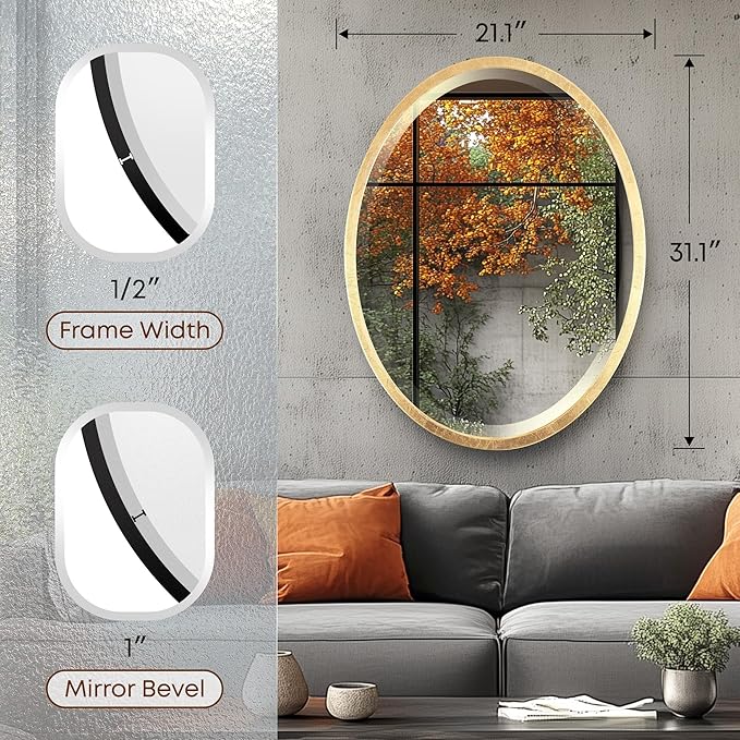 OVALCREST - Oval Wooden Beveled Wall Mirror for Home Decor, Bathroom, Vanity, Bedroom, Living Room, Hallway - London Style (Gold Leaf) 21.1 x 31.1