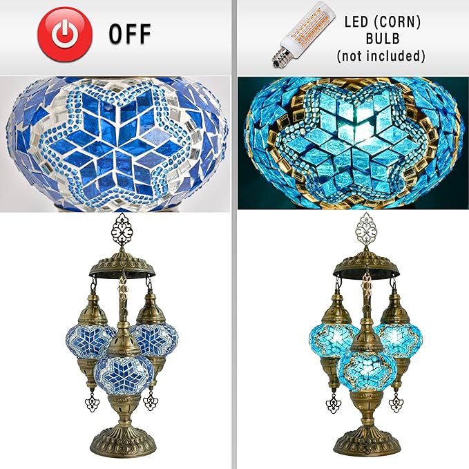 Mozaist Turkish Mosaic Lamp – Moroccan Handmade 3 Globe Table Light with Bulb (Sea Blue)