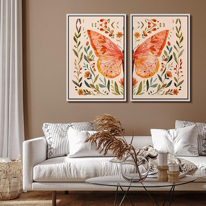 SIGNFORD Framed Canvas Print Wall Art Set Whimsical Butterfly and Florals Colorful Nature Illustration Modern Art Decorative Nordic Nature for Living Room, Bedroom, Office - 16"x24"x2 White