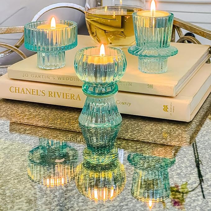 Kate Aspen Vintage Ribbed Glass Black Candlestick Holders, Pillar Candle, Tealight & Votive Candle Holders (Set of 6, 3 Assorted Sizes), Dining Table Decor, Shelf Decor, Centerpiece