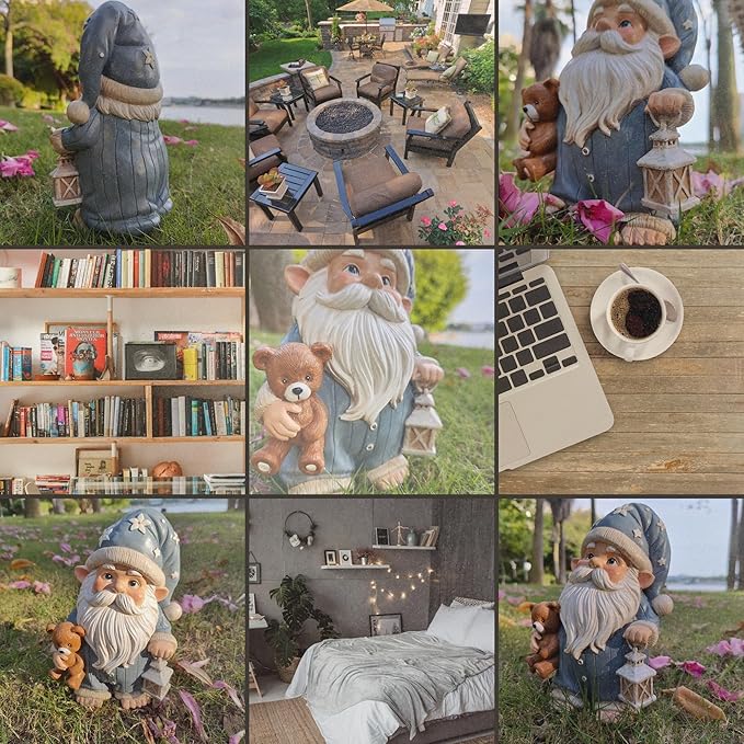 Sleepy Garden Gnome with Teddy Bear & Lantern - 9" Weatherproof Resin Statue - Indoor Outdoor Decor - Whimsical for Home, Patio & Lawn