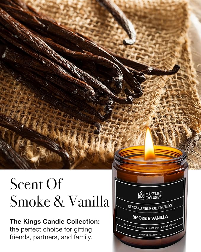 Scented Candles for Men | Smoke and Vanilla, Tobacco and Vanilla |Wooden Wick, Long Lasting, Masculine Scents | Natural Soy Jar Candle for Home, Bachelor Pad Decor | The Perfect Mens Gift