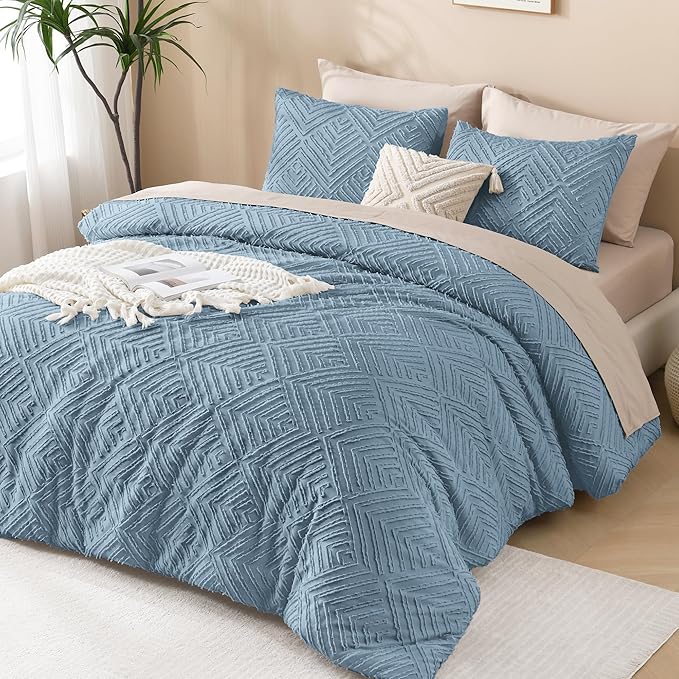 Andency Blue Comforter Set Full Size, 3 Pieces Boho Lightweight Fluffy Bedding Comforter Set for Full Bed, Tufted Farmhouse Design Bed Set for All Season (1 Comforter 79x90In, 2 Pillowcases)