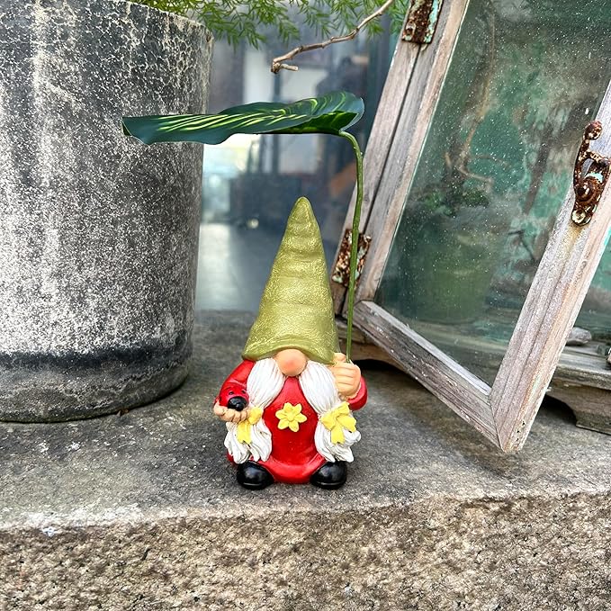 Garden Female Gnome Statue Decoration with Leaf Umbrella, 6.5” Figurine Ornament for Indoor Outdoor Home Patio Yard Lawn, for Gnome Lovers & Garden Enthusiasts，Mom，Women