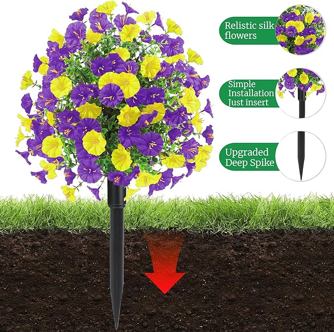 22.8" Set of 2 Fall artificial Boxwood topiary Ball tree for outdoors with Spike,UV Resistant Faux Shrubs Outdoor with morning glory flowers,Faux Plants Bushes for Garden Porch Yard Patio Decor YP