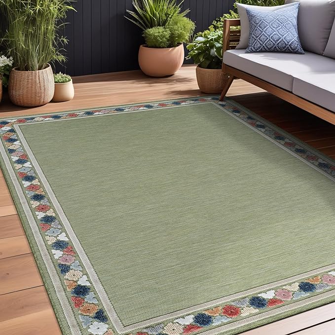 Beverly Rug Outdoor Rug 6x9 Modern Bordered Area Rugs for Indoor and Outdoor Patio Easy to Clean Non Shedding Living Room Porch Garden Washable Outside Carpet (6 x 9 Green)