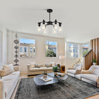 6-Light Modern Farmhouse Black Chandelier, Dining Room Light Fixture Over Table Adjustable Height Hanging Industrial Pendant Lights Kitchen Island, Clear Glass Shade