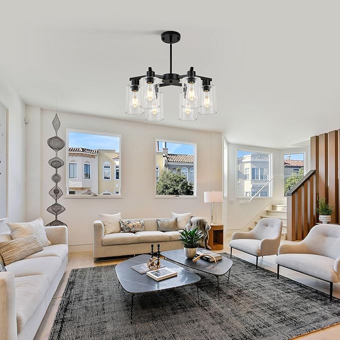 6-Light Modern Farmhouse Black Chandelier, Dining Room Light Fixture Over Table Adjustable Height Hanging Industrial Pendant Lights Kitchen Island, Clear Glass Shade