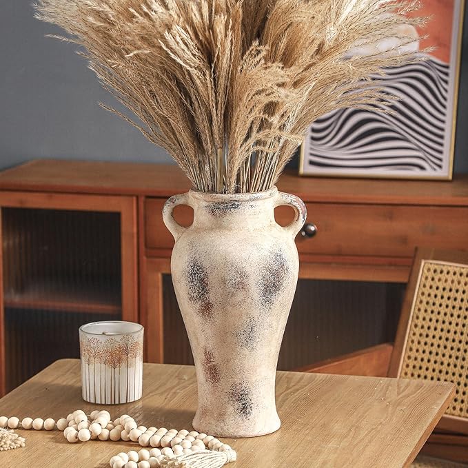 Rustic Ceramic Vase with Handle, 12.6 inch Large Handcrafted Farmhouse Decorative Pottery Vase for Table Centerpiece, Wedding Decor, or Entryway Arrangement
