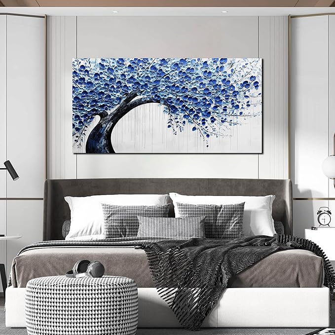 Large Wall Art for Living Room Bedroom Home Office Blue Tree of Life Wall Art Floral Picture Framed Wall Decor Modern Canvas Prints 24x48 In