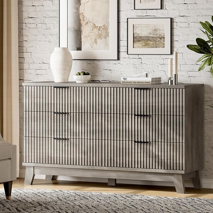 Fluted Dresser with 6 Drawers, 54" Wide Modern Chest of Drawers with Metal Handle, Wooden Dresser TV Stand, Wood Closet Clothes Storage Organizer for Bedroom, Living Room, Hallway, Light Grey
