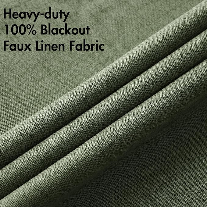 MIULEE 100% Blackout Linen Textured Curtains for Bedroom Solid Thermal Insulated Olive Green Grommet Room Darkening Curtains & Drapes Luxury Decor for Living Room Nursery 52 x 54 Inch (2 Panels)