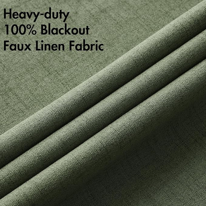 MIULEE 100% Blackout Linen Textured Curtains for Bedroom Solid Thermal Insulated Olive Green Grommet Room Darkening Curtains & Drapes Luxury Decor for Living Room Nursery 42 x 90 Inch (2 Panels)