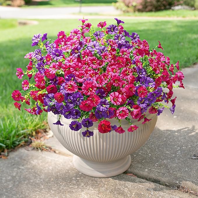 HyeFlora Artificial Flowers for Outdoors Fake Plants Outside Decoration, 12 Bundles Silk Colorful Morning Glory with Eucalyptus UV Resistant Realistic Faux Flowers for Planter Porch Patio Yard Garden