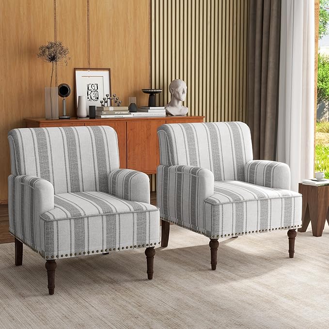 UIXE Stripe Accent Chairs Set of 2, Living Room Arm Chair Modern Nailhead Trim Club Armchair, Comfy Upholstered Sofa Lounge Seat Reading Seat Bedroom Side Seating for Home Office, Gray