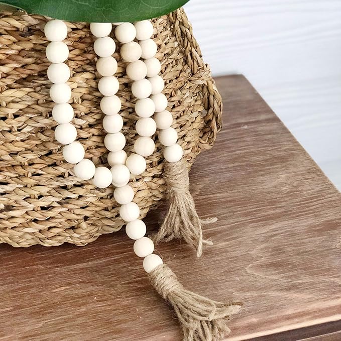 CVHOMEDECO. Wood Beads Garland with Tassels Farmhouse Rustic Wooden Prayer Bead String Wall Hanging Accent for Home Festival Decor. Natural