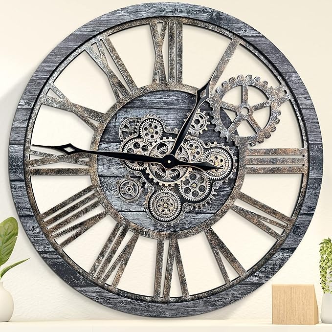 HOIBAI Large Wall Clock Oversized 30 Inch Clocks for Living Room Decor Wall Decor Farmhouse Vintage Rustic Industrial Roman Big Chic Home Decor Wall Clock for House Bedroom, Moving Gears Clock