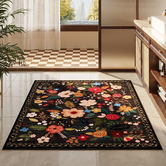 Bedroom Rug 3x5 Rug Washable Area Rug Non Slip Low Pile Boho Floral Small Carpet for Bedroom, Bedside, Kitchen, Entryway, Kids Room, Office, College Dorm Essentials for Girls(Black)