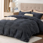Bedsure Fluffy Duvet Cover Set - Ultra Soft Plush Shaggy Comforter Cover Twin Size, Warm Flannel Fleece Bed Sets for Winter, 2 Pieces (Striped Pattern, Dark Grey)