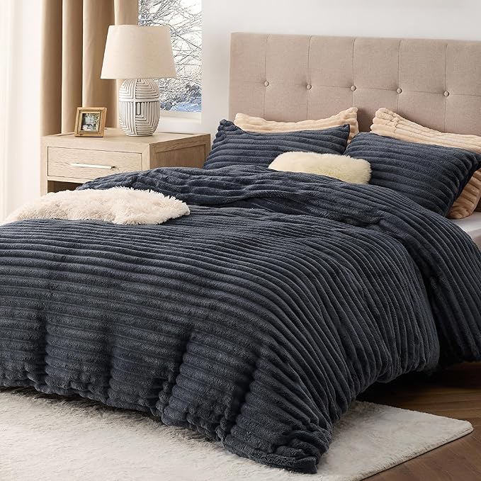 Bedsure Fluffy Duvet Cover Set - Ultra Soft Plush Shaggy Comforter Cover Queen Size, Warm Flannel Fleece Bed Sets for Winter, 3 Pieces (Striped Pattern, Dark Grey)