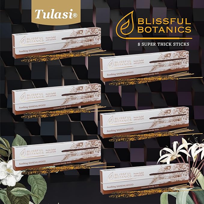 Tulasi Sandalwood Smudge Incense Sticks Pack – 48 Natural Smudge Sticks (6 Boxes x 8), Long Burning (55 Min), Aromatherapy, Spiritual Cleansing, Meditation, Mood Lifting, Air Purifying Incense