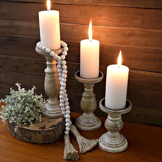 Candle Holders for Pillar Candles, Wooden Candleholders Table Centerpiece, Pillar Candle Holders Set of 3, Wood Rustic Farmhouse Fireplace White