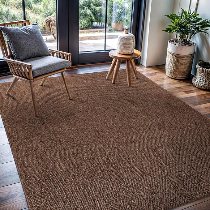 CAMILSON Easy Jute Rug 9x12, Indoor Outdoor Brown Color Fiber Area Rugs for Living Room Patio and Kitchen Rug, Solid Boho Woven Design, Easy-Cleaning, Washable Outside Carpet Alfombras (9 x 12)