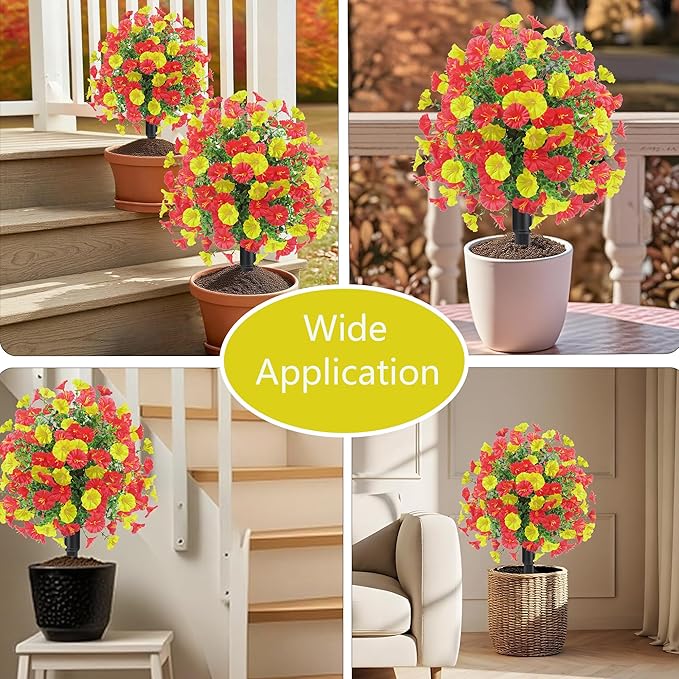 22.8" Set of 2 Fall Artificial Boxwood Topiary Ball Tree for Outdoors with Spike UV Resistant Fake Shrubs Outdoor with Morning Glory Flowers,Faux Plants Bushes for Garden Porch Yard Patio Decor-YR