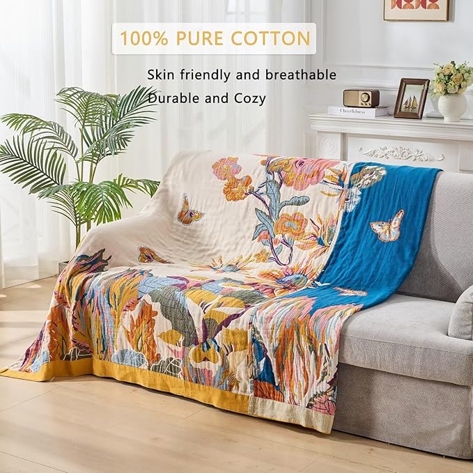 Boho Throw Blanket for Bed, Sofa,Cozy Warm Lightweight Fall Throw Blankets,100% Woven Cotton Southwestern Farmhouse Floral Decor Reversible Blanket, Chair, Picnic Blanket, 50"x60"