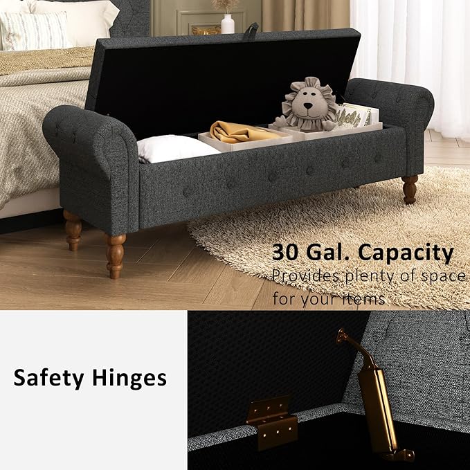 Storage Ottoman Bench for Bedroom, Linen 52" End of Bed Bench with Rolled Arms Upholstered Ottoman Bench Fit for Bedroom, Living Room, Entryway, Dark Gray